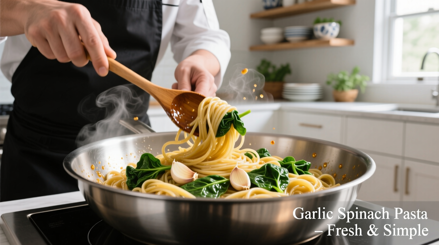 Chef preparing garlic spinach pasta in stainless steel pan