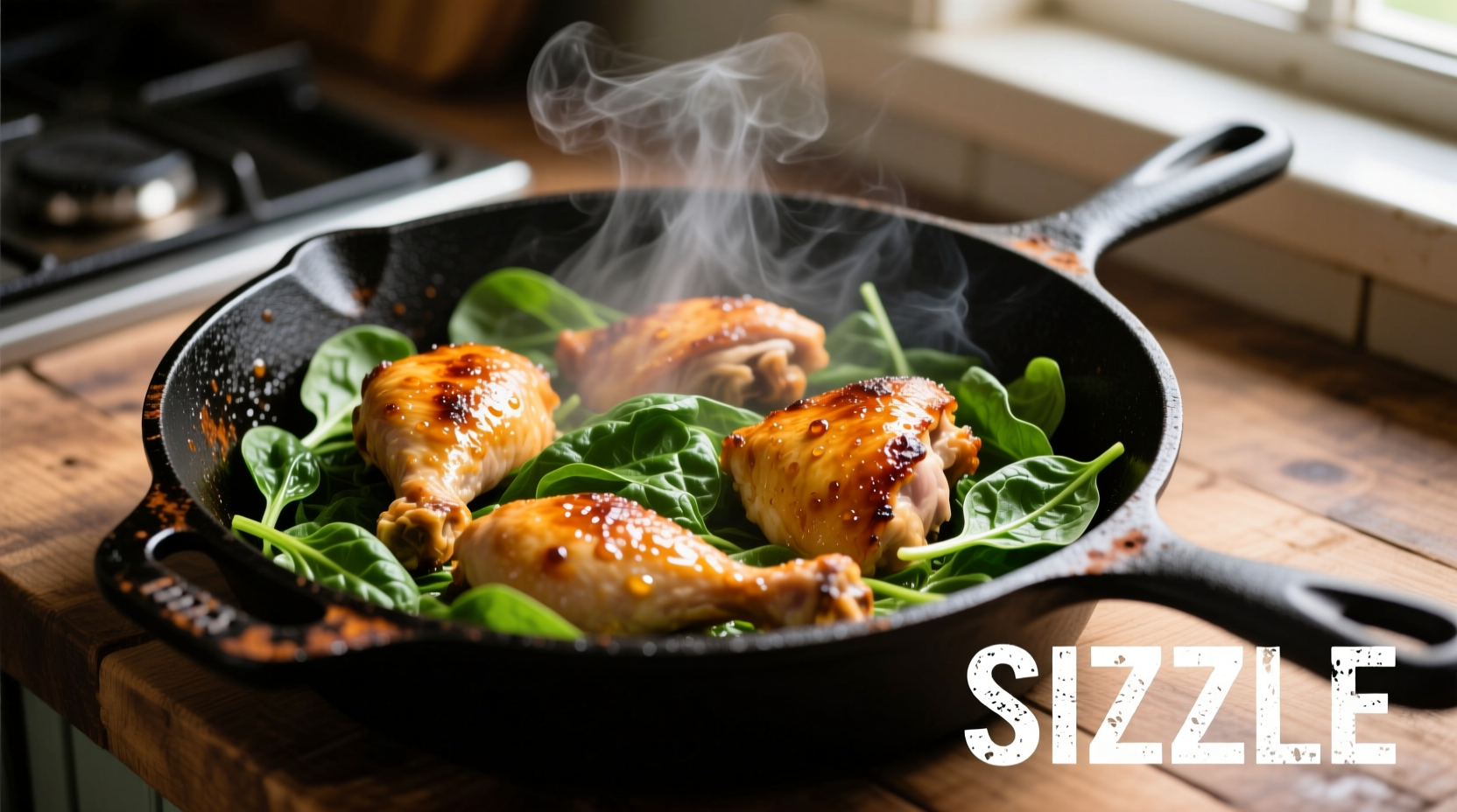 Sizzling chicken and spinach in cast iron skillet