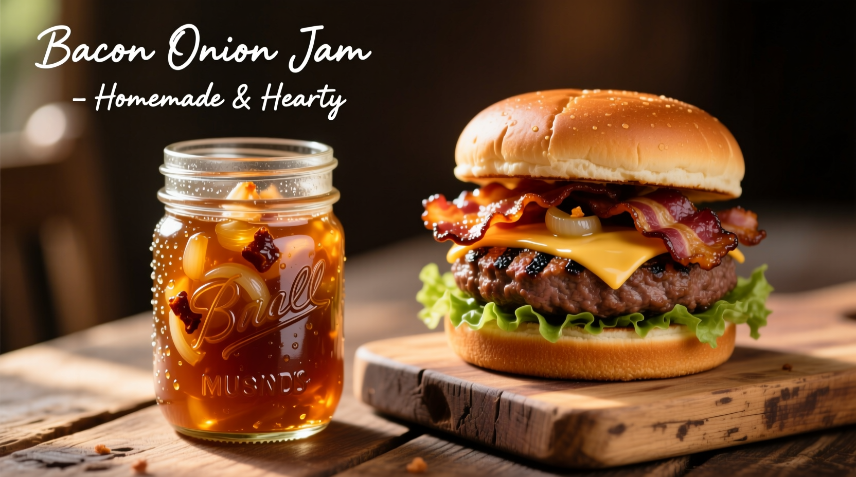 Homemade bacon onion jam in mason jar with burger
