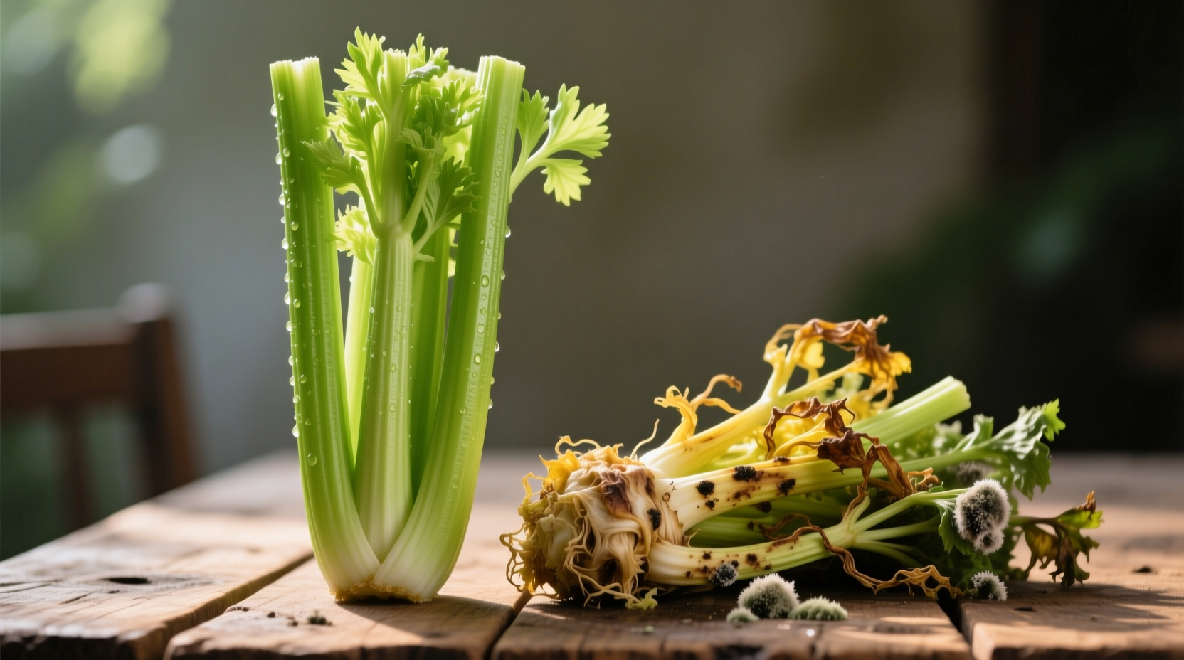 Fresh celery stalks next to spoiled celery showing visual differences