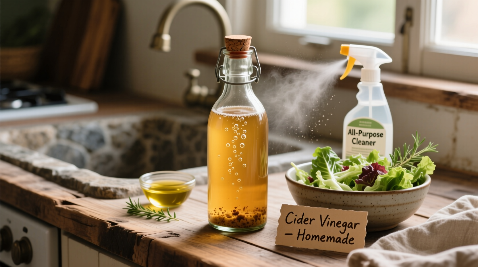 Homemade cider vinegar used in salad dressing and cleaning spray