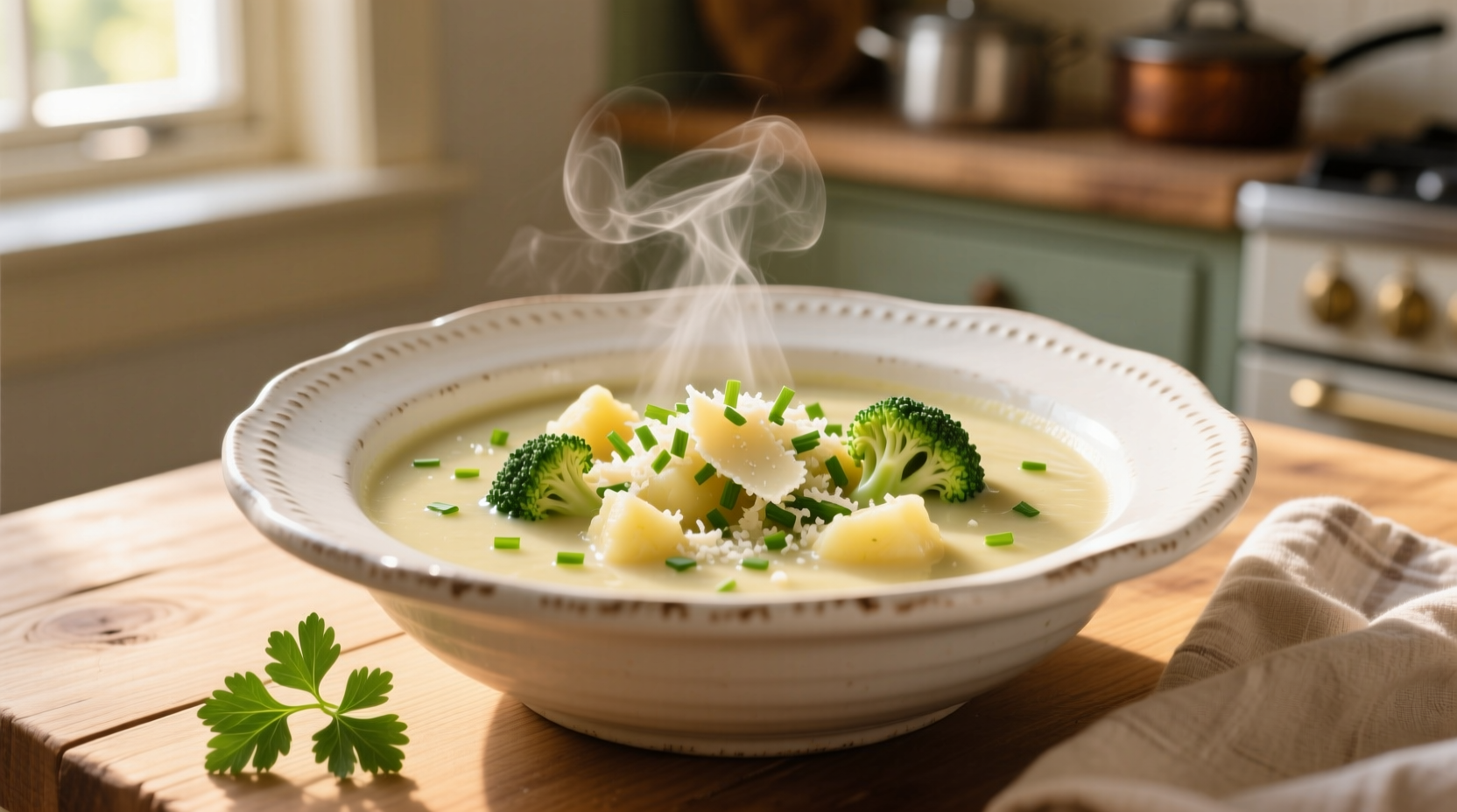 Creamy potato broccoli soup in white bowl with fresh garnish