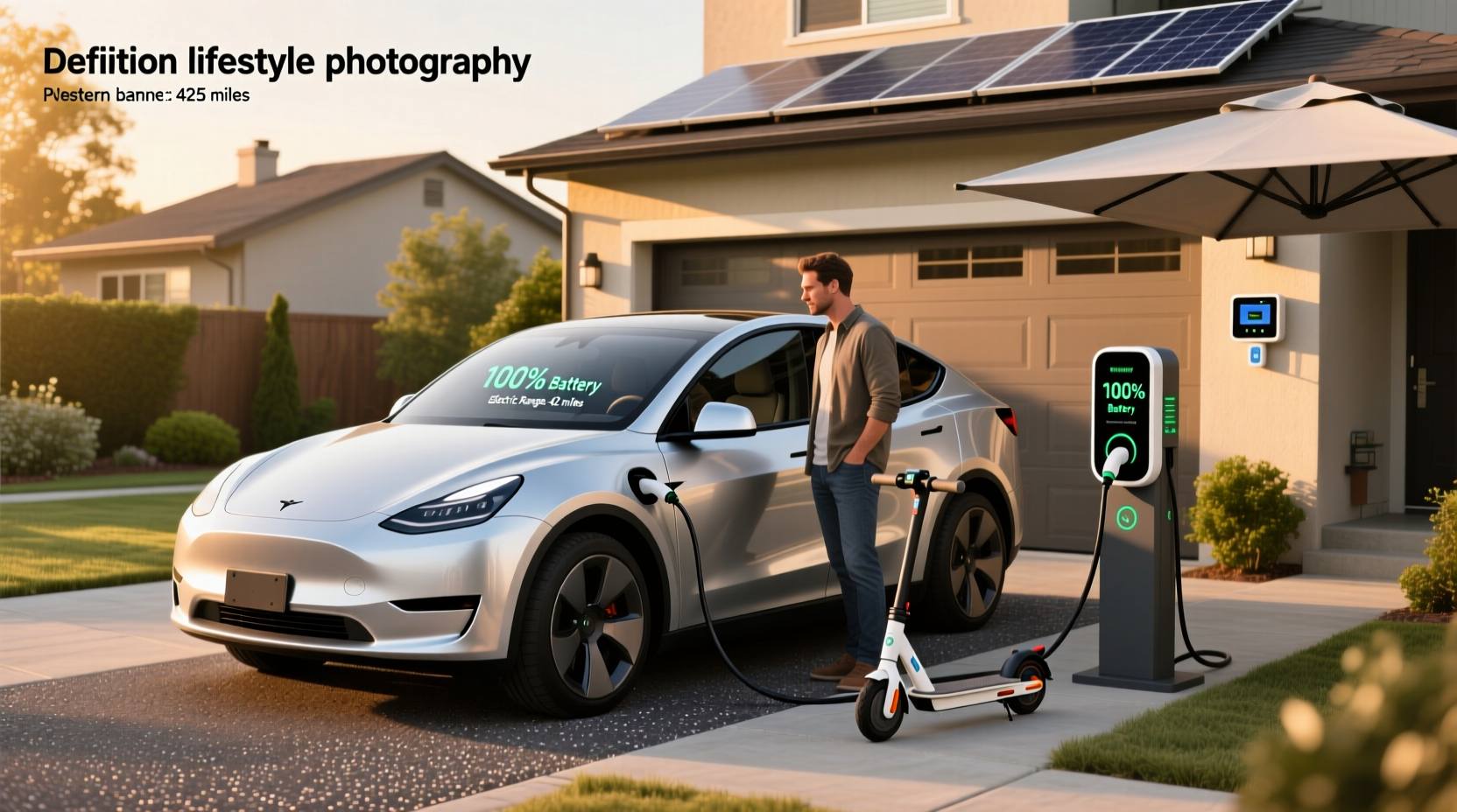 Woman plugging in her plug-in hybrid vehicle at a home charging station during evening hours