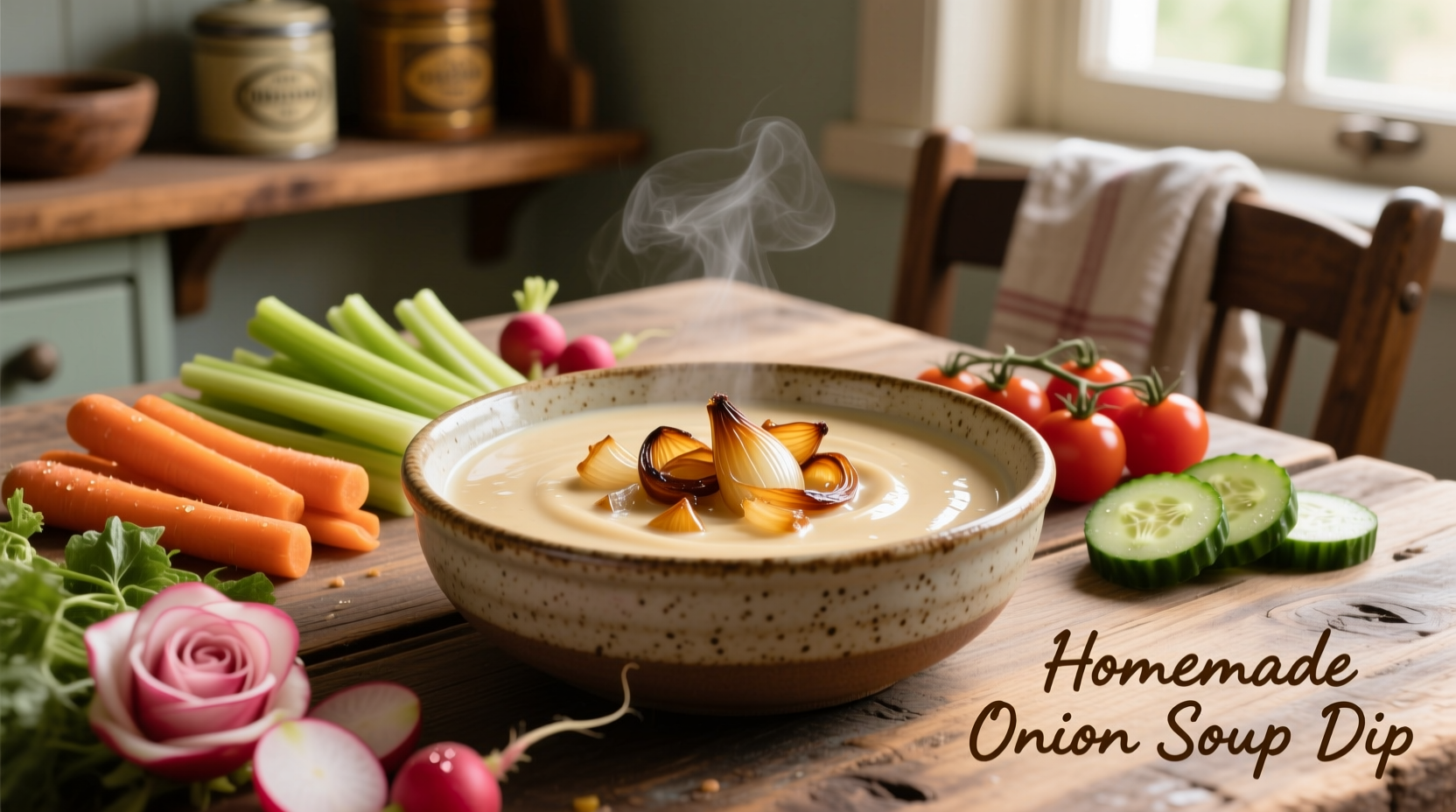 Creamy onion soup mix dip in bowl surrounded by vegetable dippers