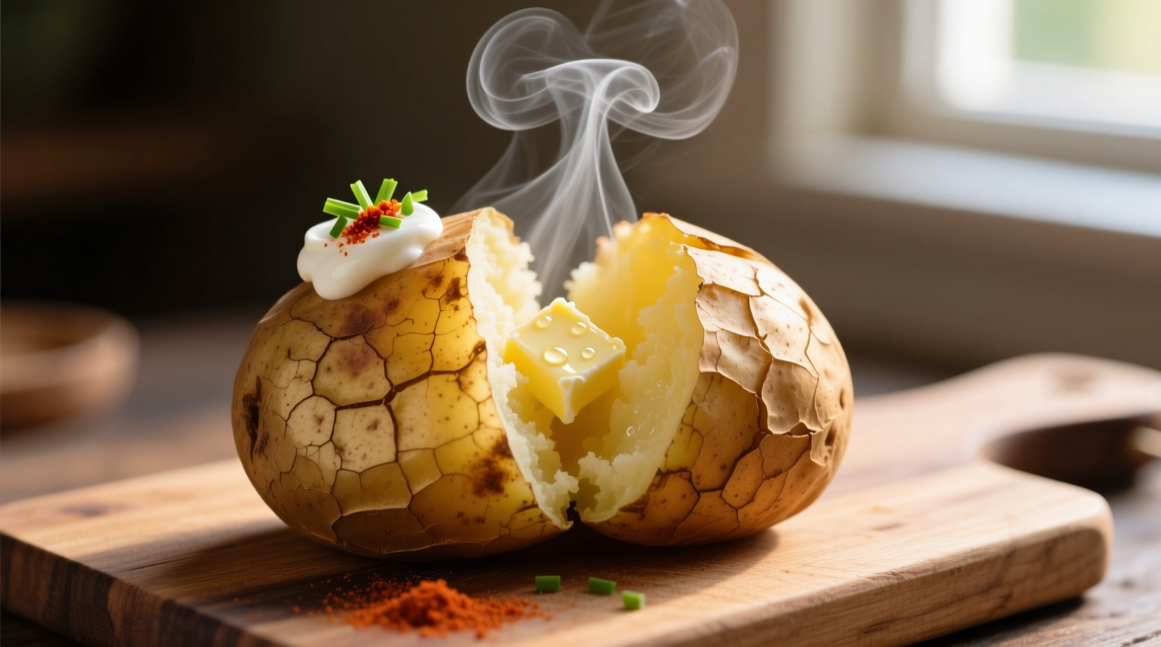 Perfectly microwaved baked potato with steam rising