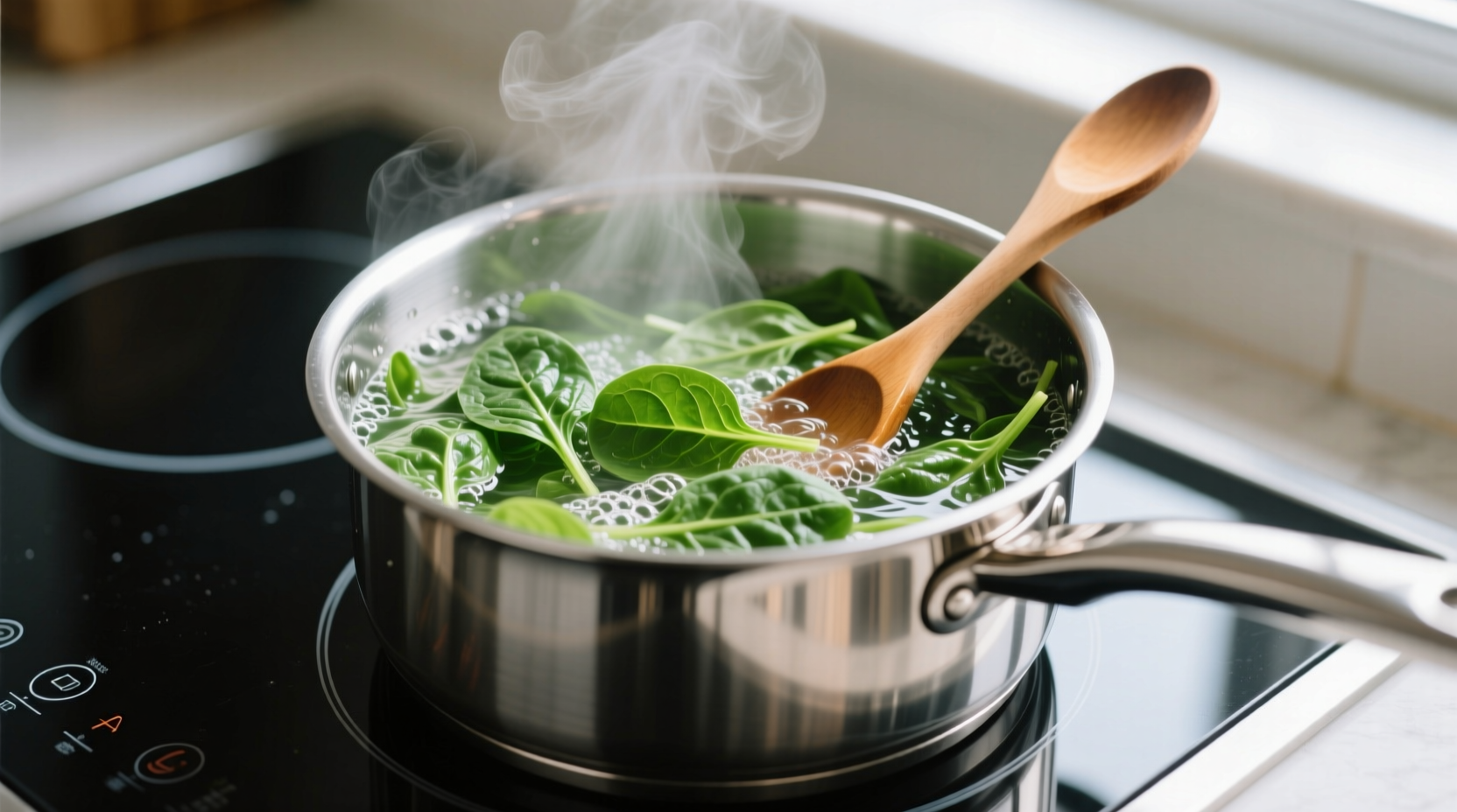 Fresh spinach boiling in a stainless steel pot