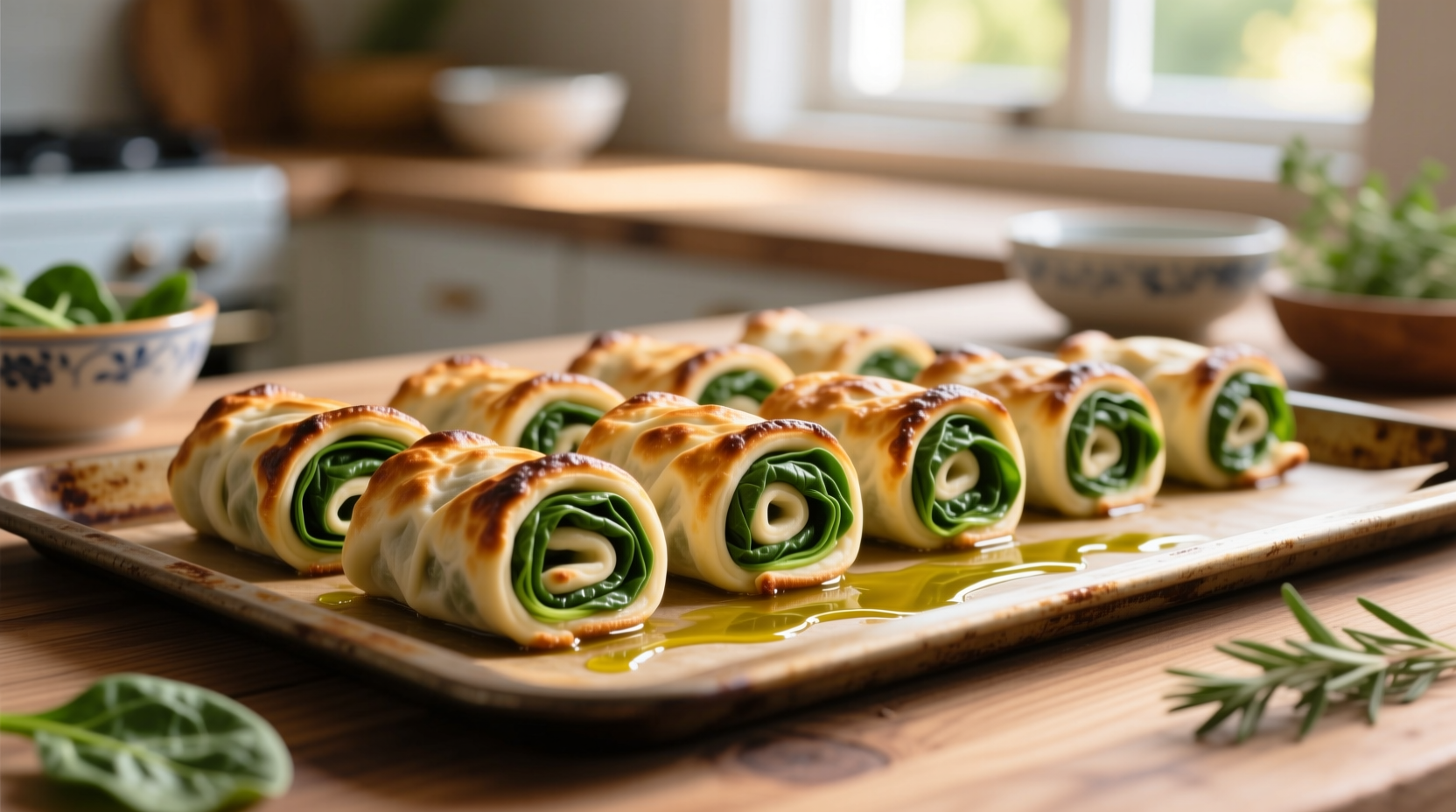 Fresh spinach roll ups golden brown on baking sheet