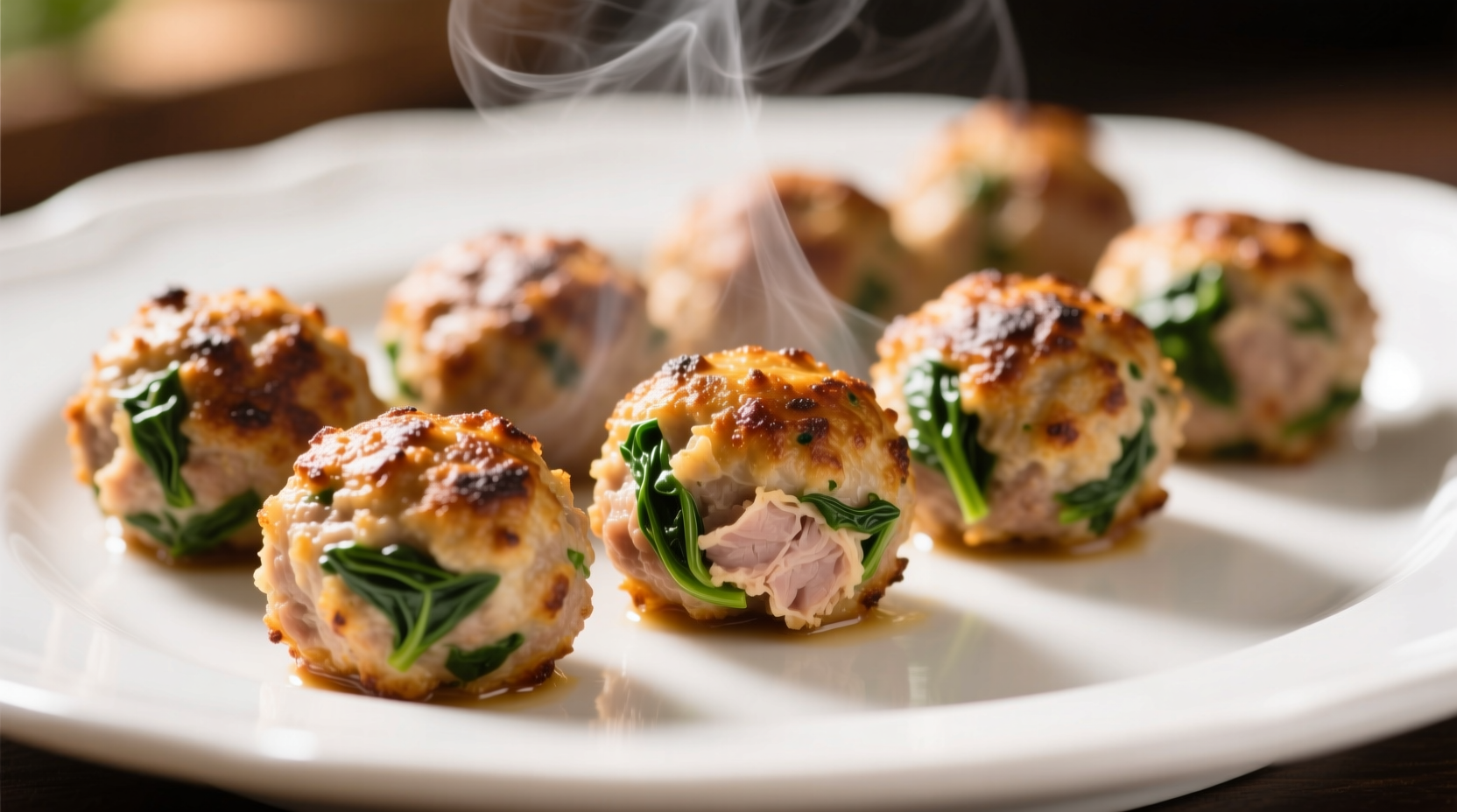 Baked spinach turkey meatballs on white plate