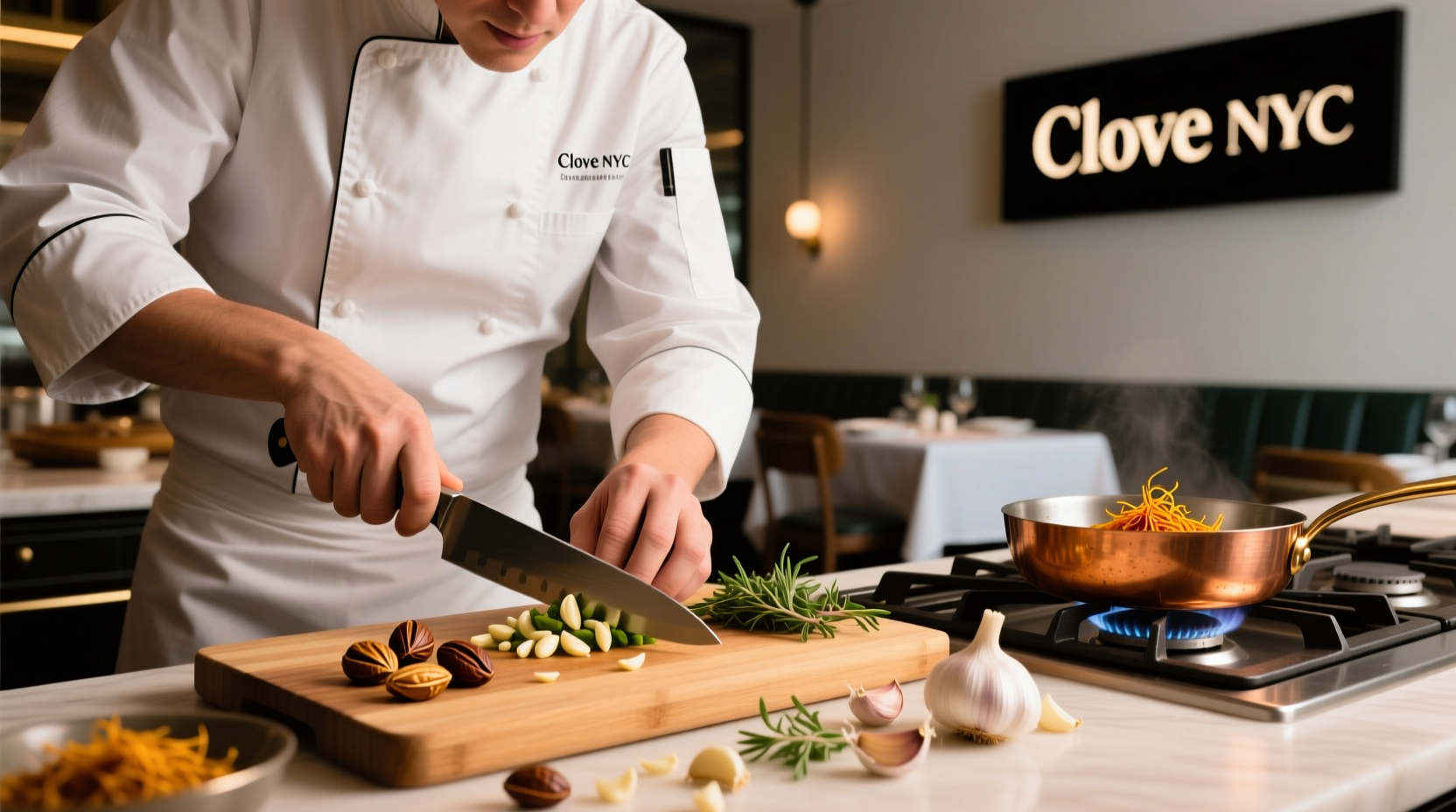 Chef preparing clove-infused dish at Clove NYC