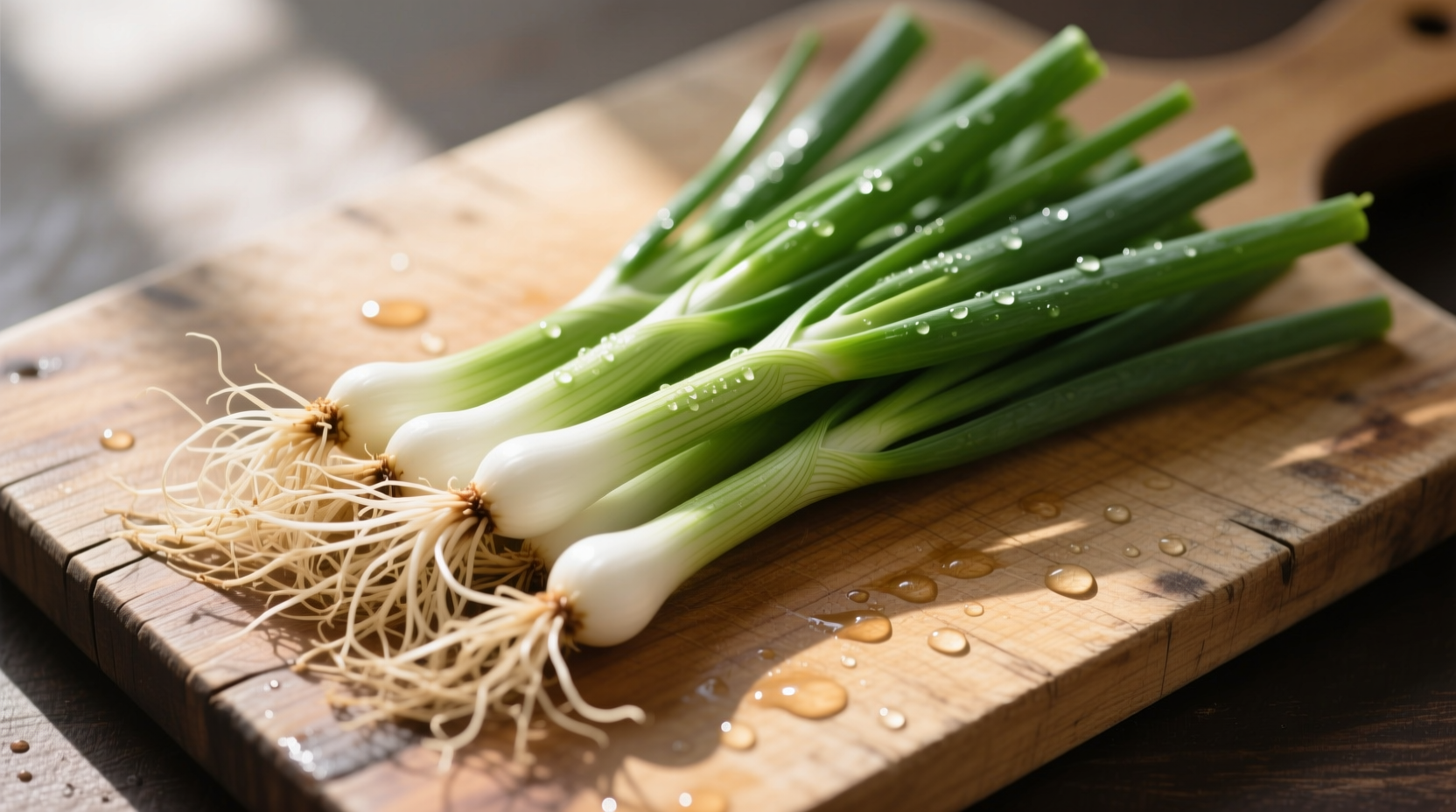 Fresh scallions with roots intact on wooden cutting board