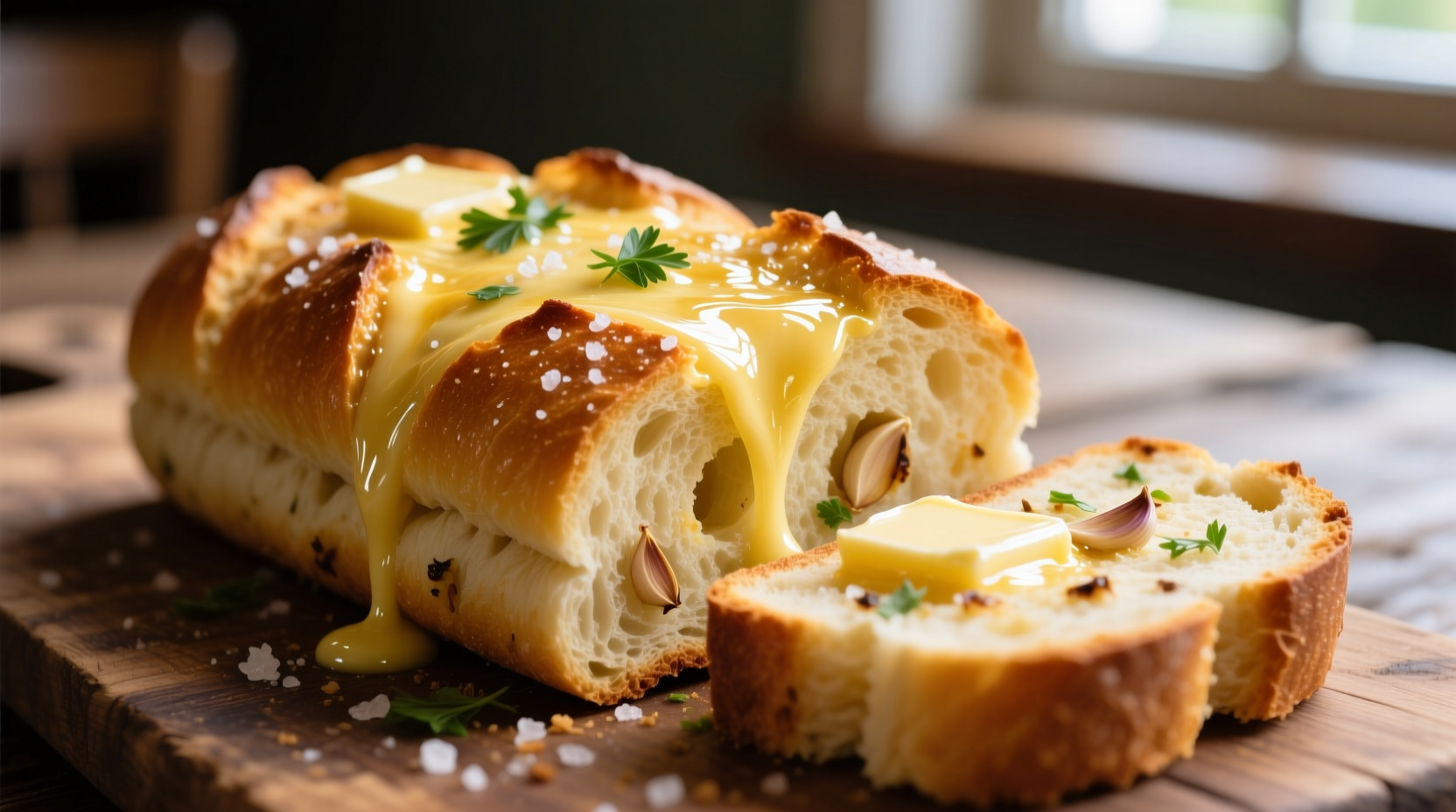 Perfectly golden garlic bread with melted butter