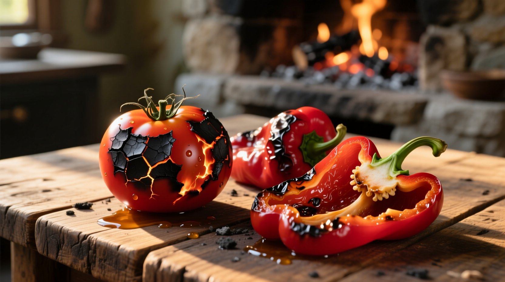 charred tomato crispy red bell peppers