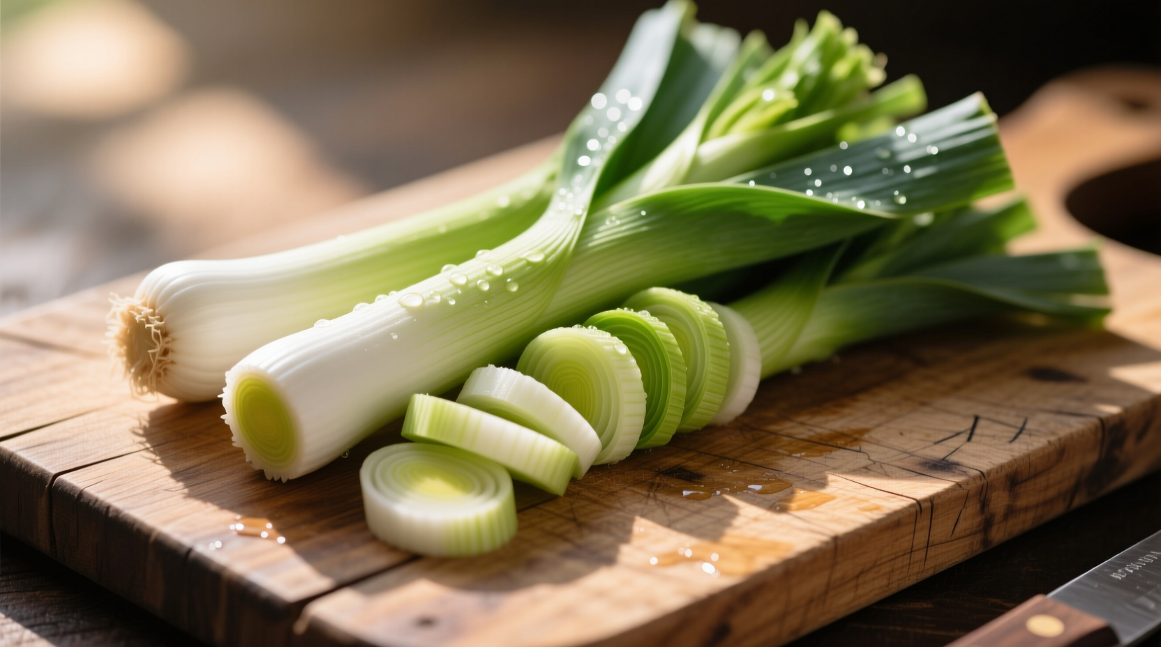 Fresh leeks with white base and green leaves on wooden cutting board