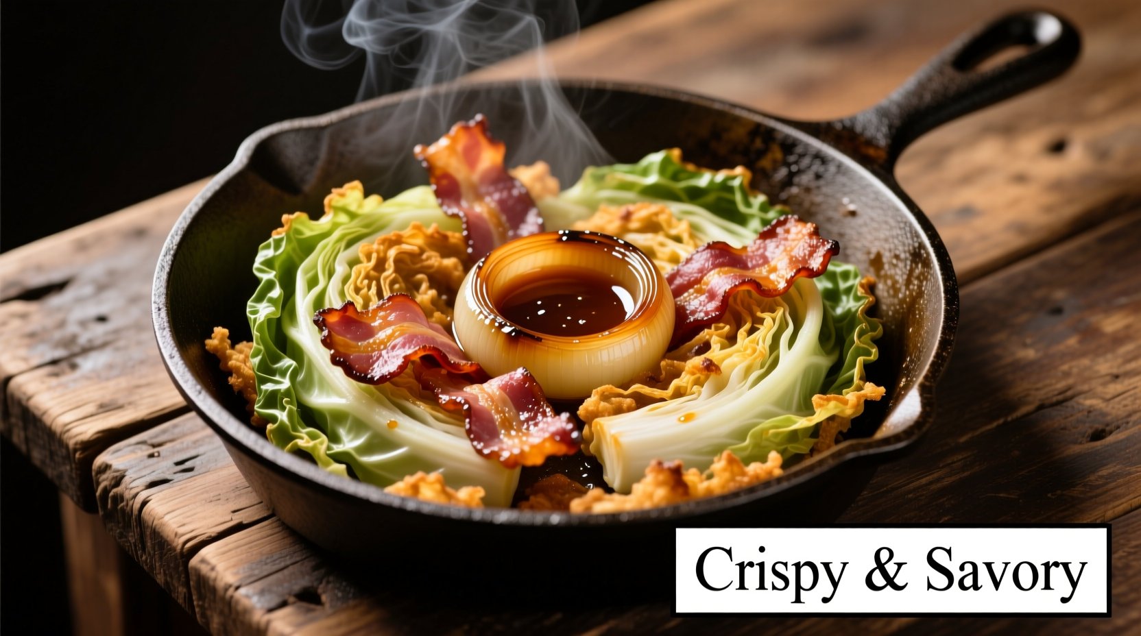 Crispy fried cabbage with bacon and caramelized onions in cast iron skillet