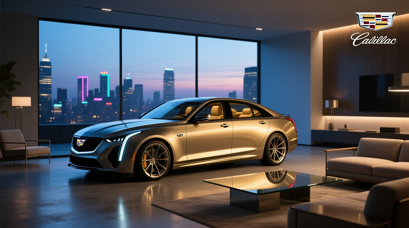 Close-up view of Cadillac CT5 door panel with glowing ambient light strip