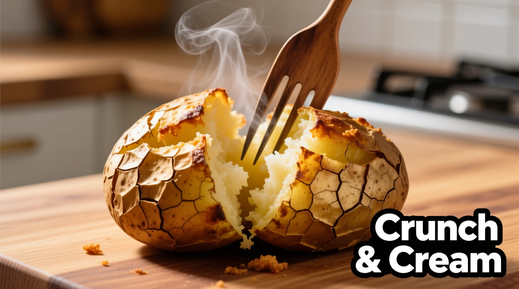 Crispy air fryer baked potato with fork splitting open