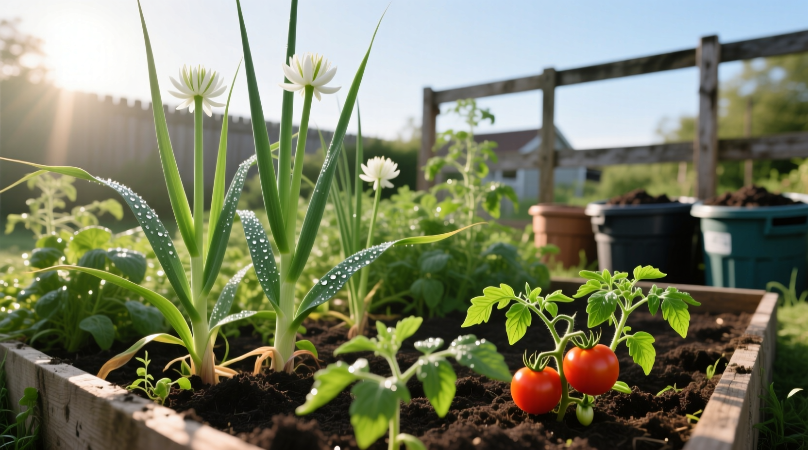 Garlic plants growing alongside tomato seedlings in garden bed