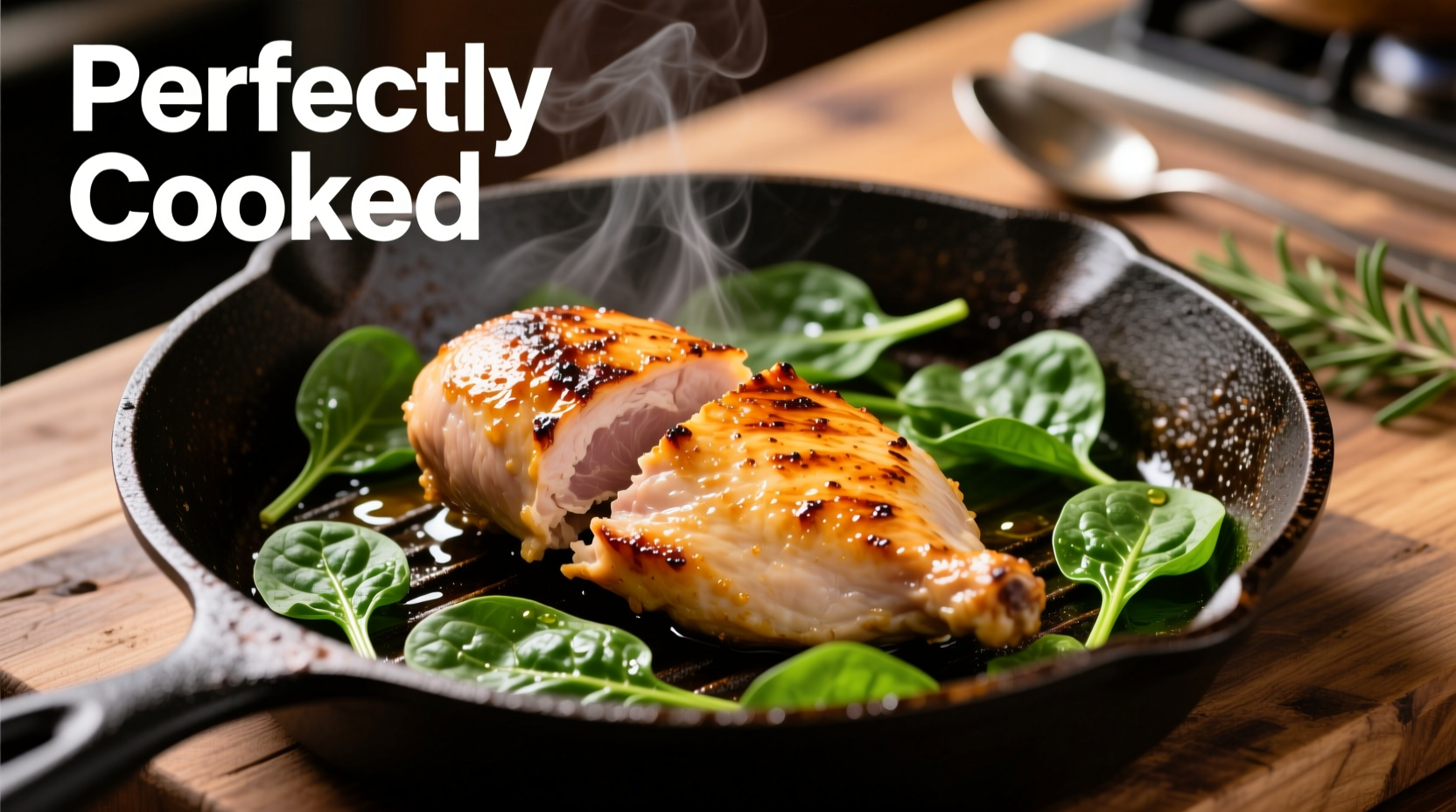 Perfectly cooked chicken with vibrant green spinach in skillet
