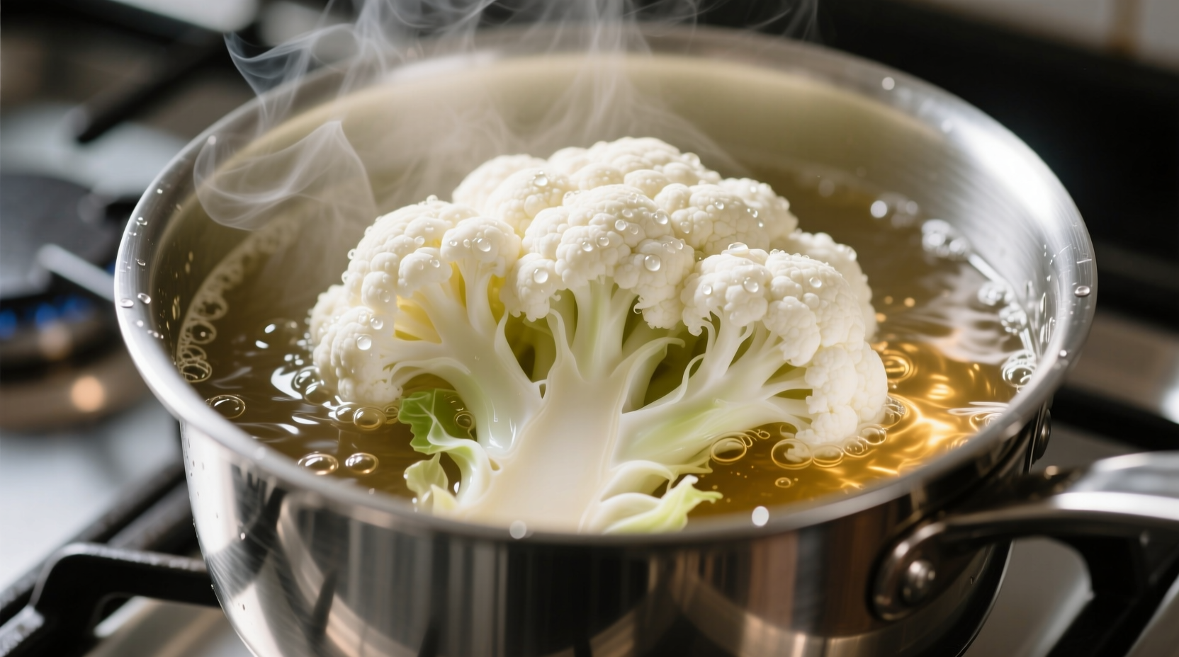 Cauliflower florets blanching in boiling water