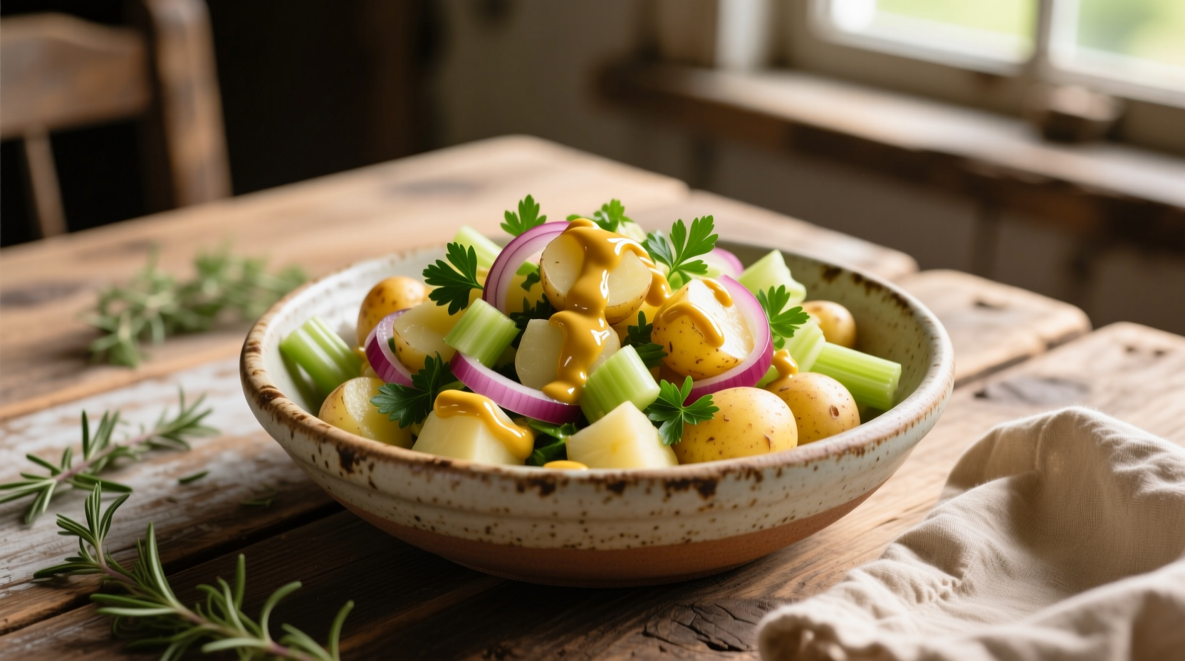 Fresh potato salad with mustard in a rustic bowl