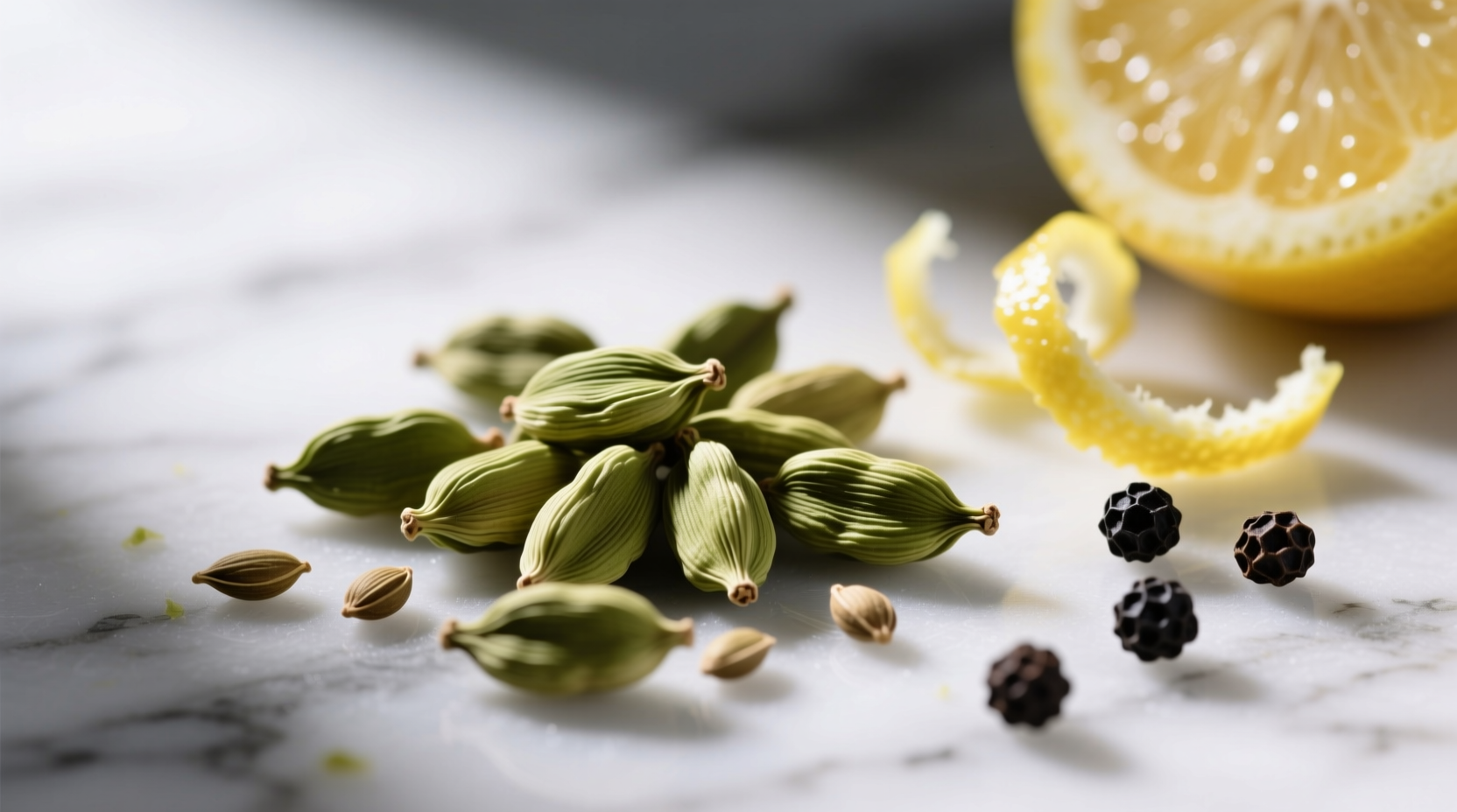 Close-up of green cardamom pods cracked open next to citrus zest and black pepper on marble surface