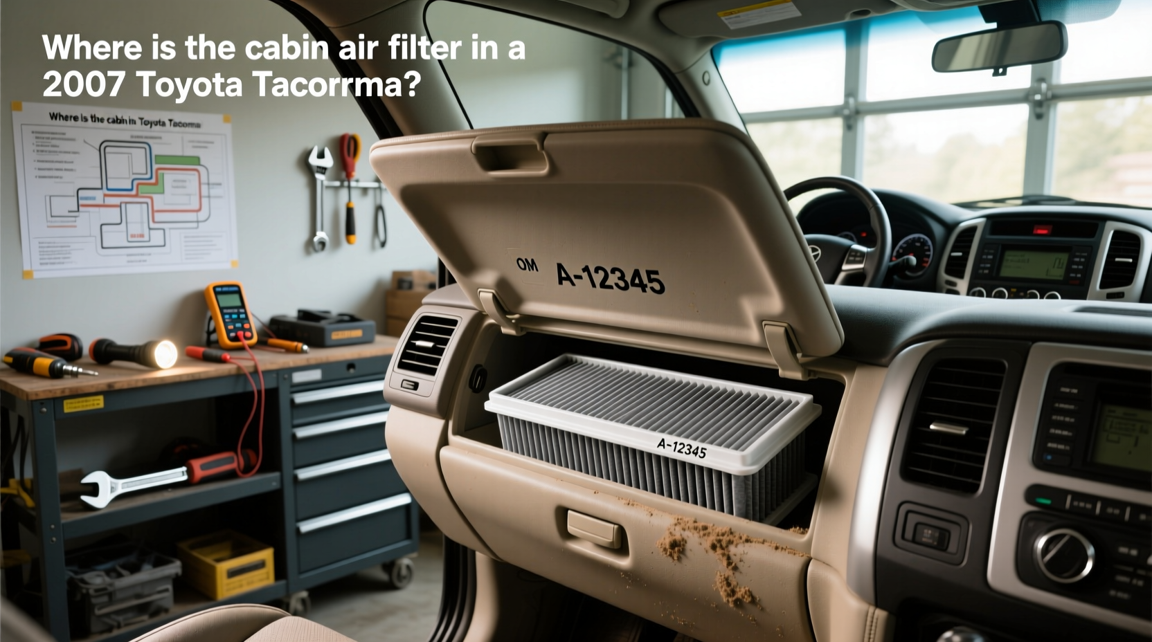 Close-up view of 2007 Toyota Tacoma cabin air filter removal process