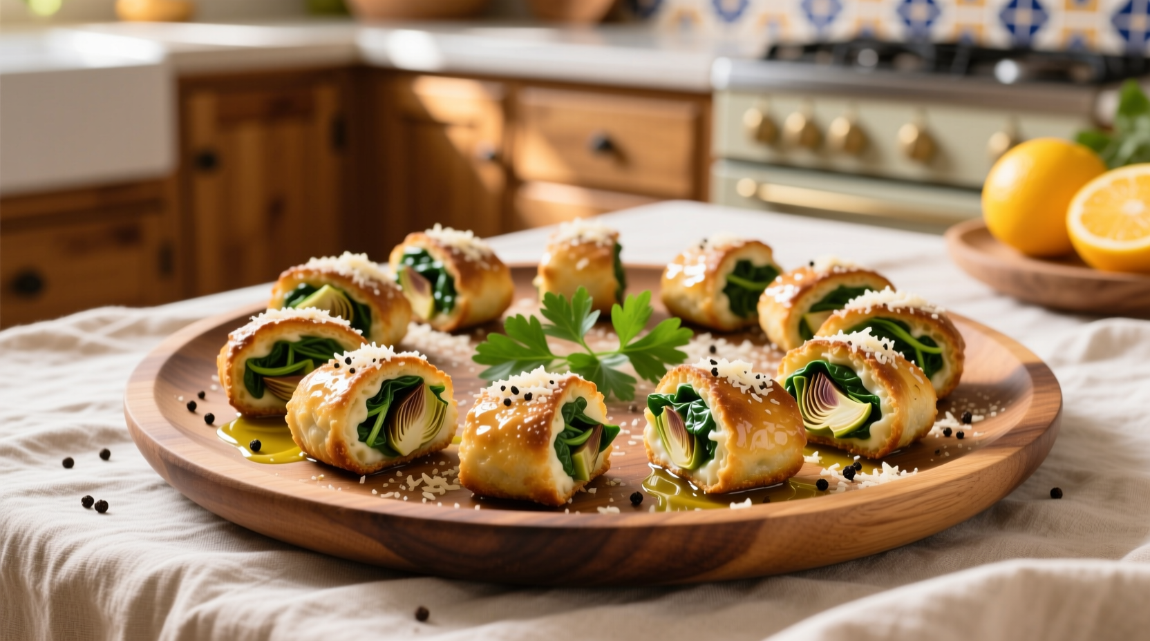 Golden brown spinach artichoke bites on serving platter