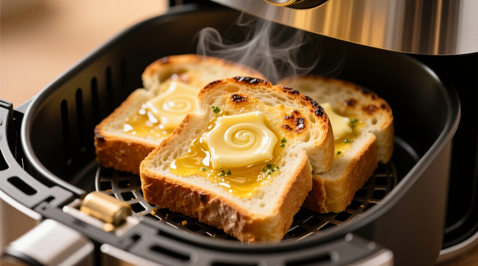 Golden Texas toast garlic bread in air fryer basket