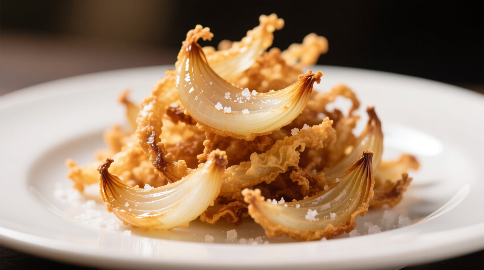 Crispy fried onions on white plate
