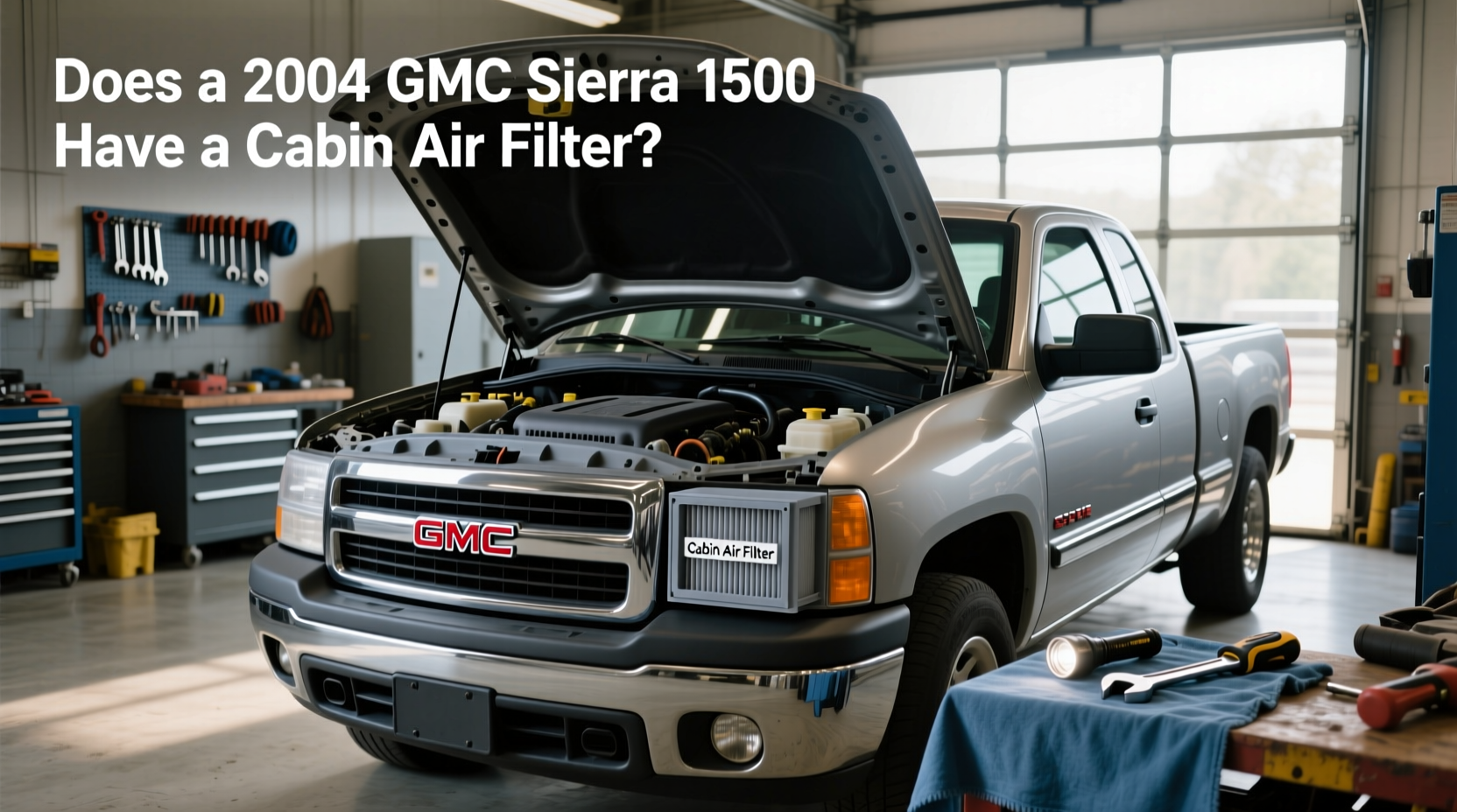 Close-up view of universal cabin air filter inserted into modified HVAC duct on a 2004 GMC Sierra 1500