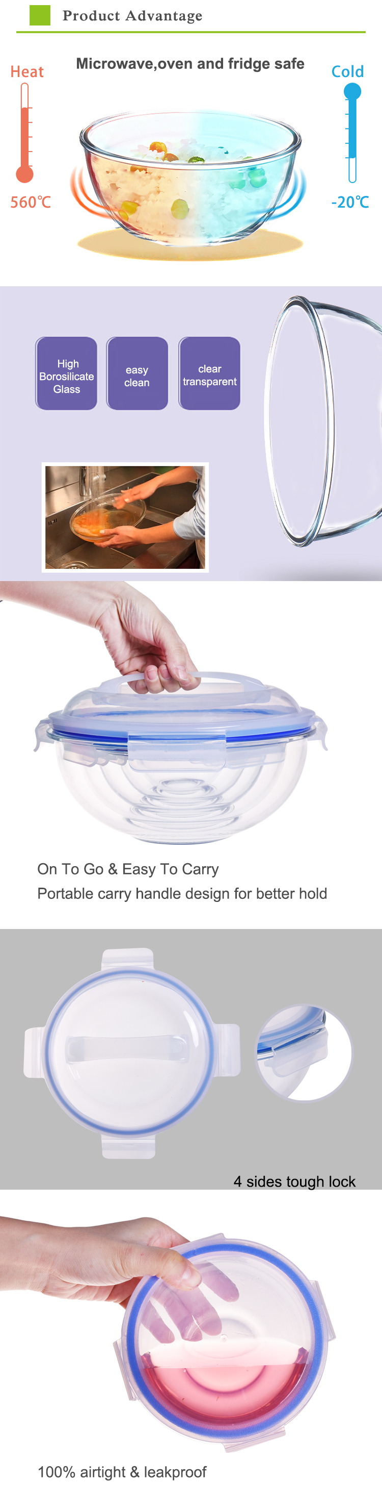 Nestable glass salad mixing bowl microwave oven safe 5pcs set with handle lid glass food storage container bowl