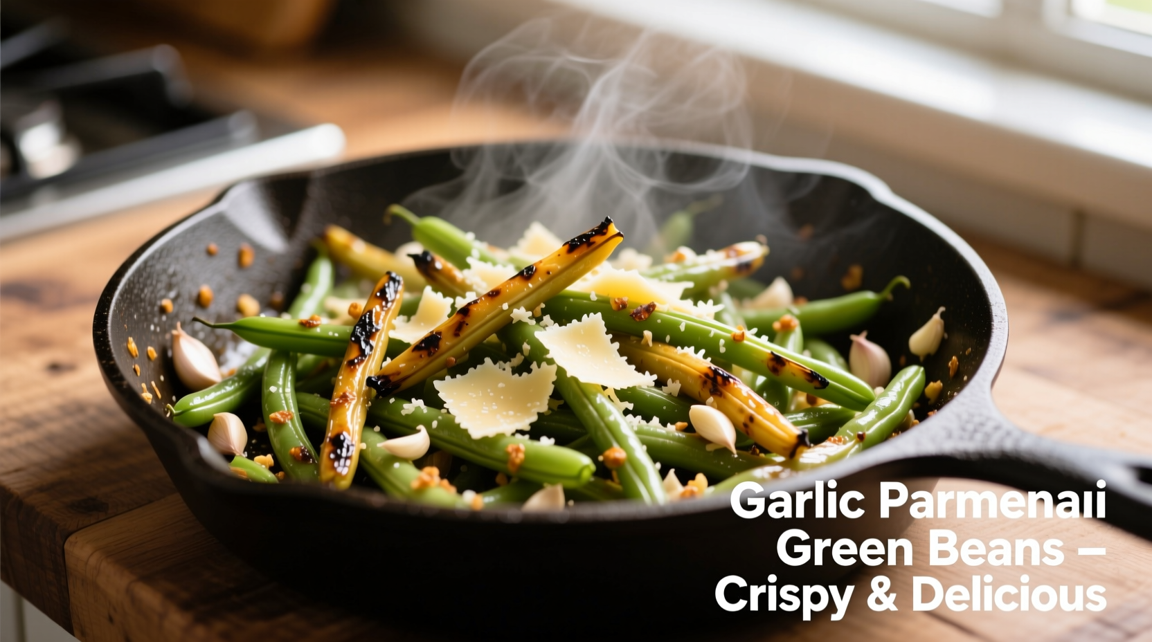 Crisp green beans with garlic and parmesan in skillet