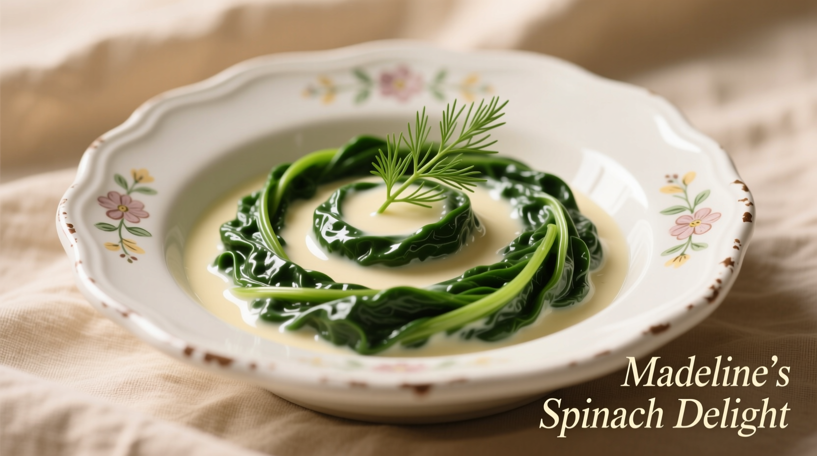 Creamy spinach Madeline in white ceramic dish