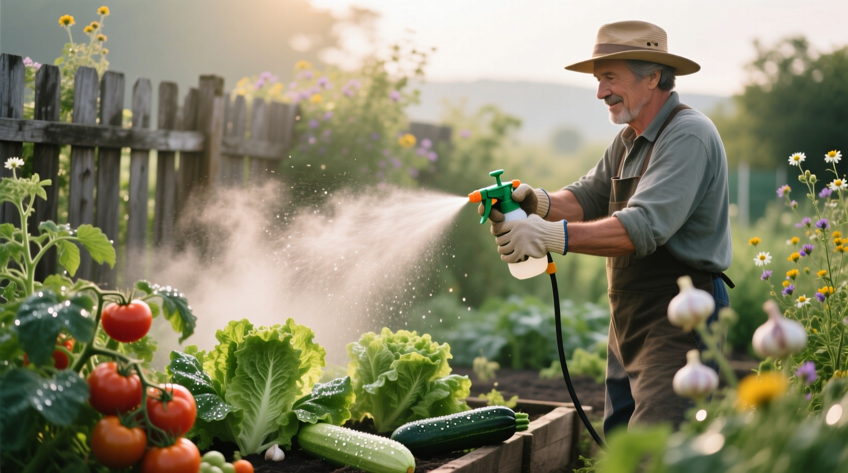 Homemade garlic spray application on vegetable garden