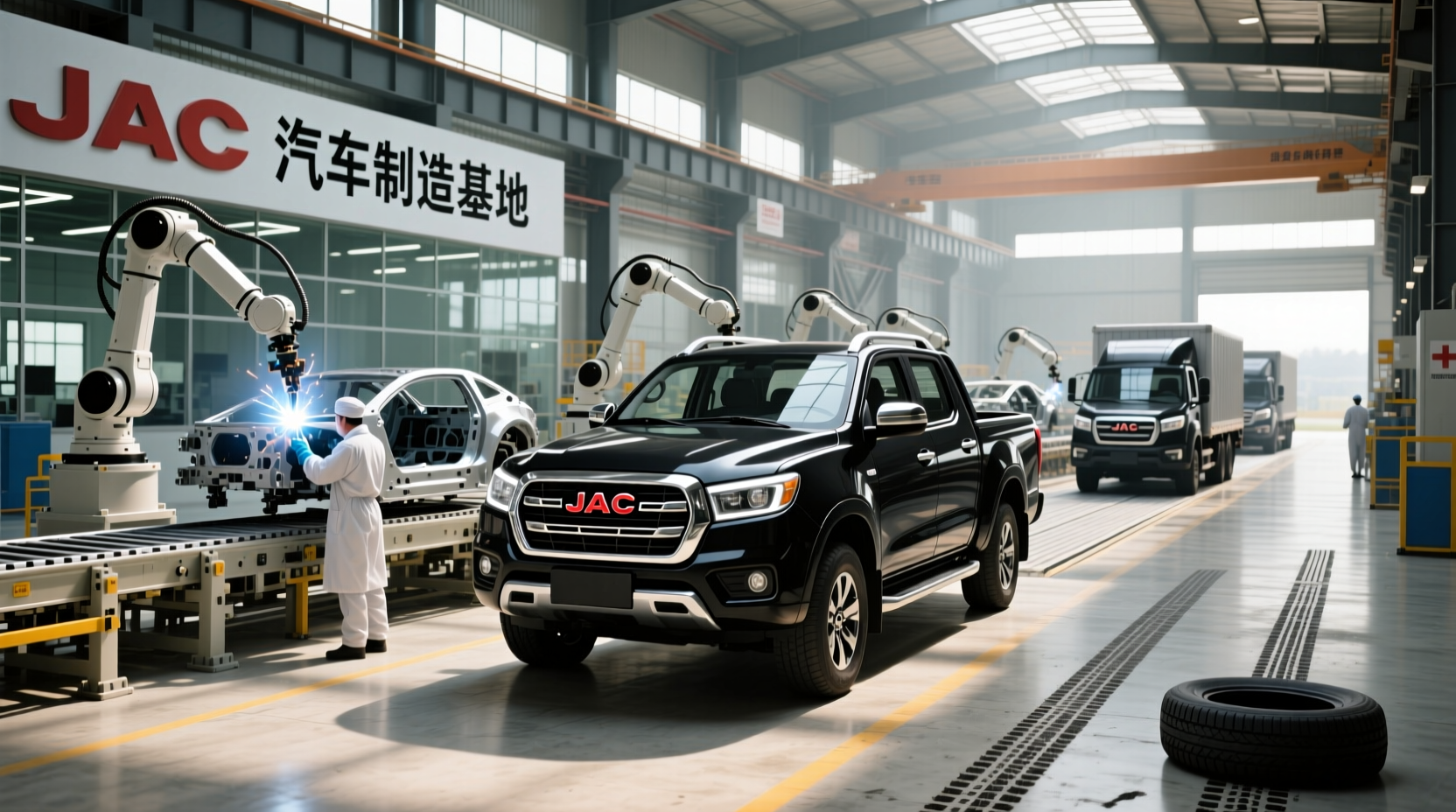 Various models of JAC Pickup Trucks lined up