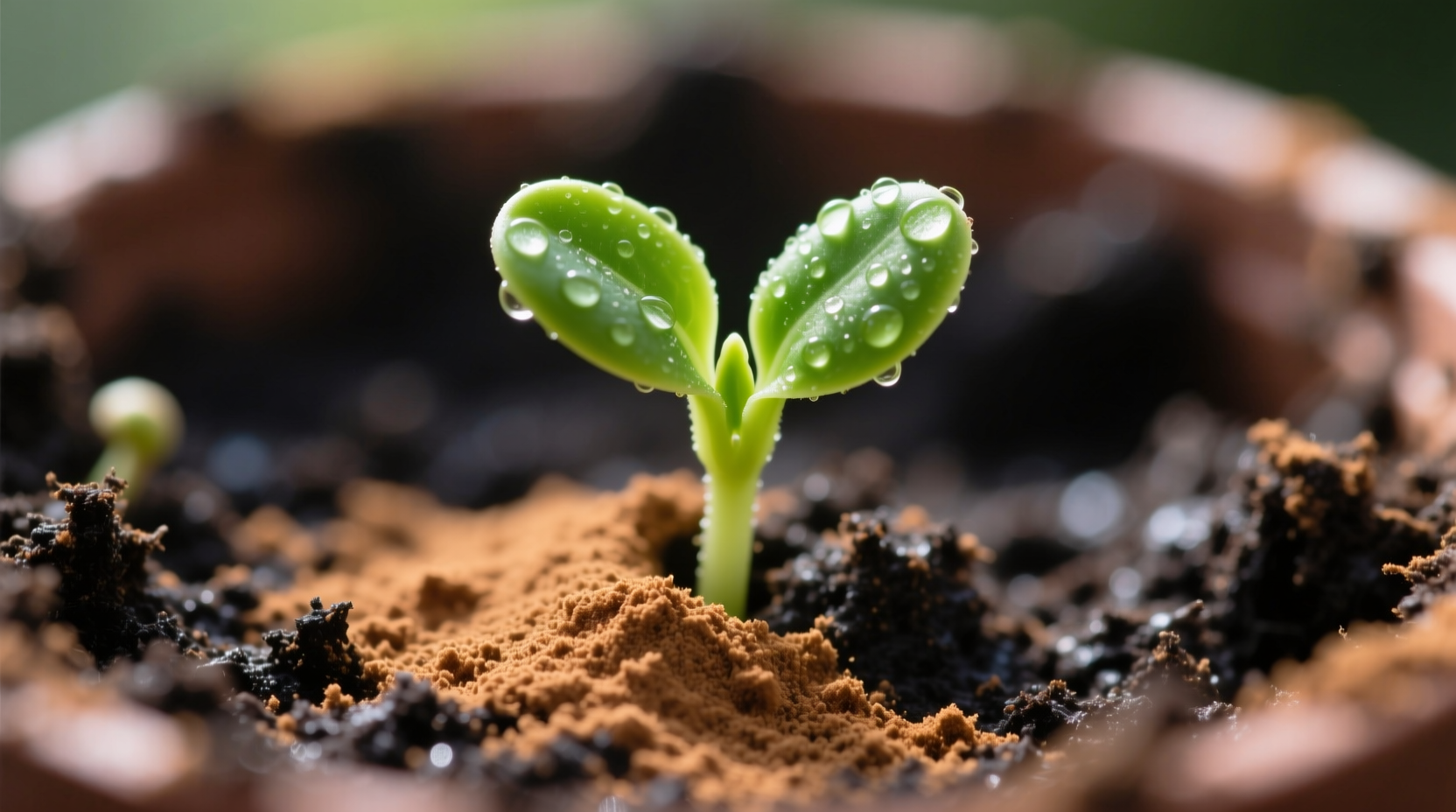 Close-up macro photo of healthy green seedling cotyledons emerging beside a thin, even layer of light brown cinnamon powder on damp, dark potting mix—no visible mold or collapse