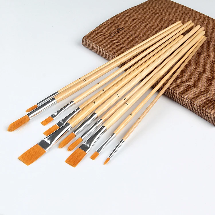 Wholesale 10PCS Premium Wood Handle Nylon Hair Metal Ferrule Artistic Oil Painting Brushes Set