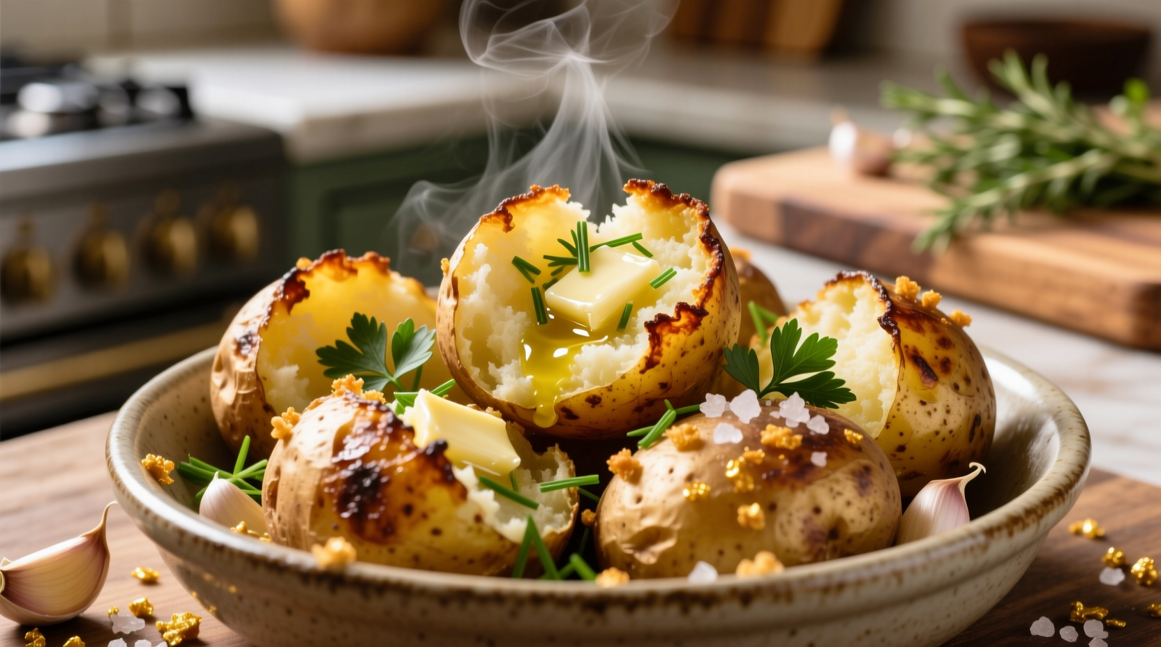 Golden smashed garlic potatoes with crispy edges