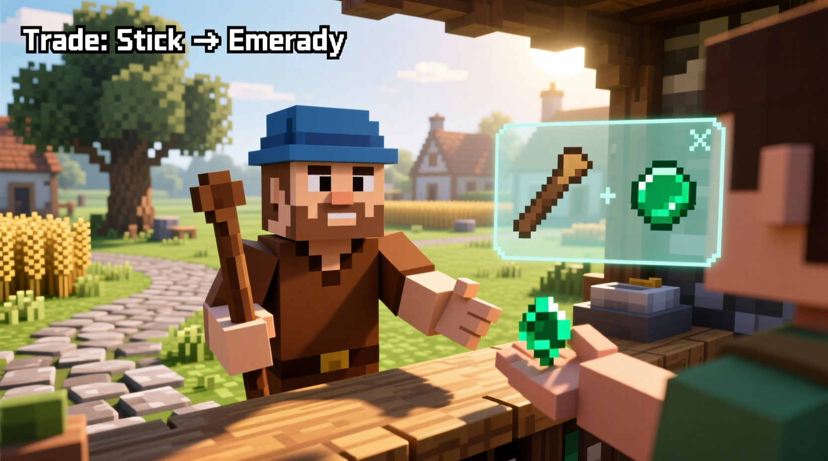 Minecraft villager trading sticks for emeralds in survival mode