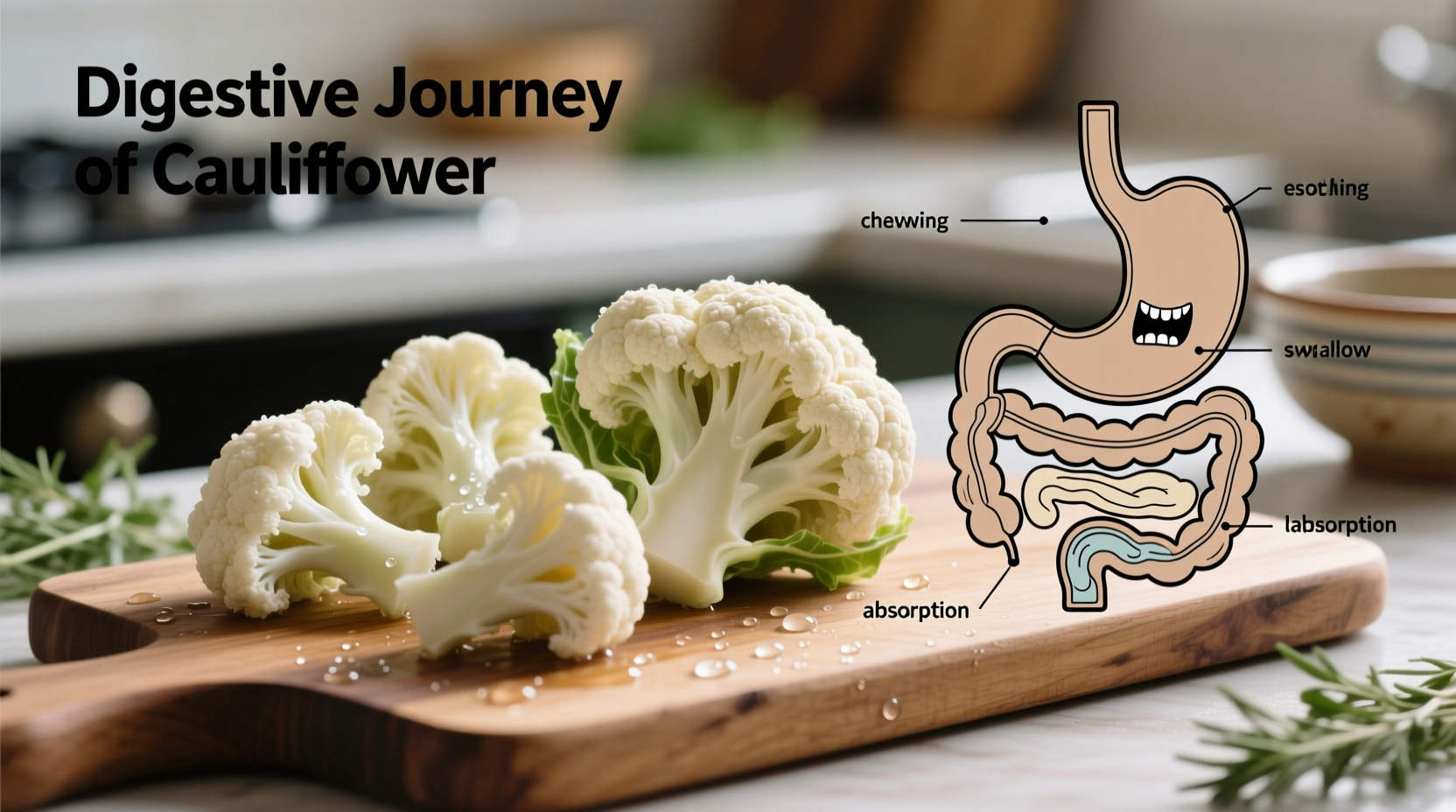 Cauliflower florets on cutting board with digestive process diagram