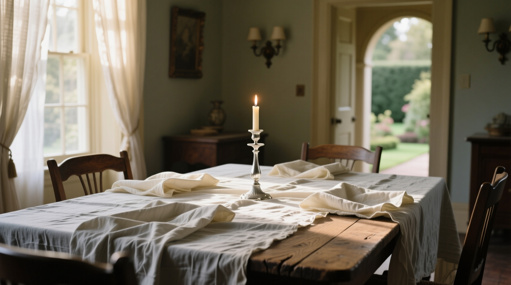 prepping wrinkly tablecloths for the dinner table