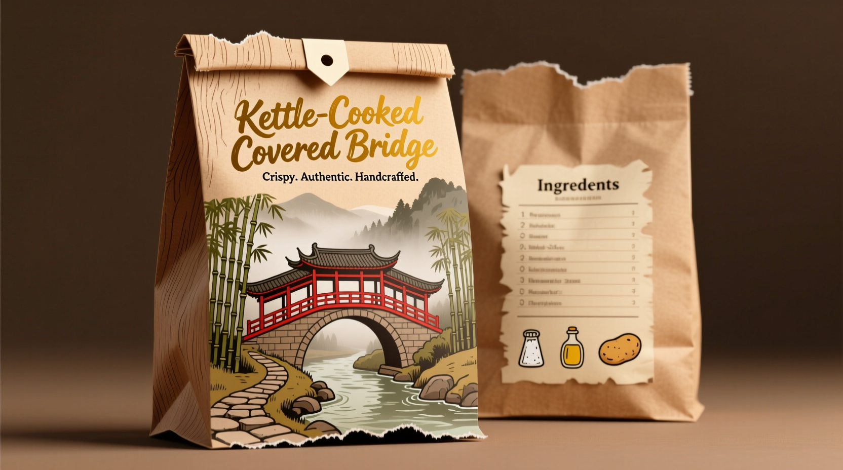 Kettle-cooked Covered Bridge potato chips in rustic packaging