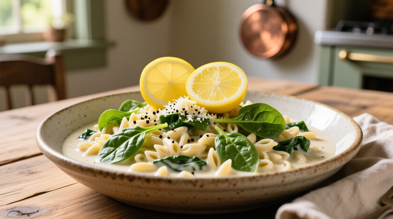 Creamy orzo and spinach dish with lemon slices