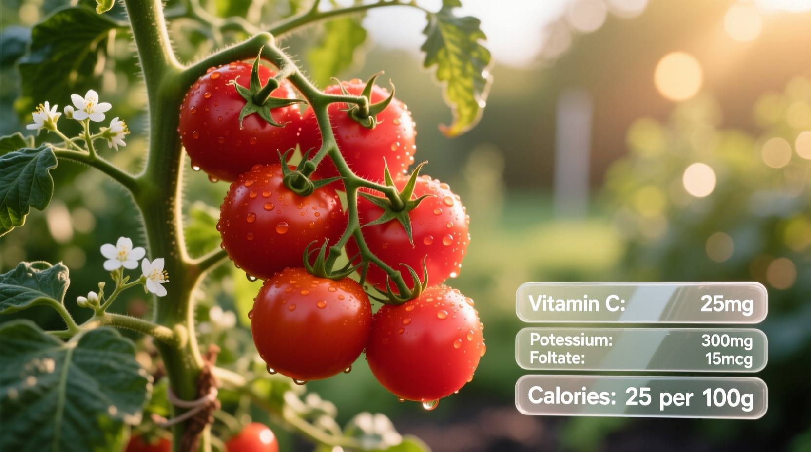 Ripe red tomatoes on vine with nutrient labels