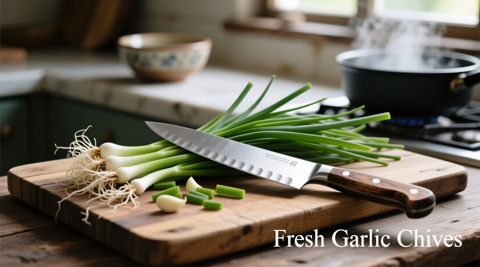 Fresh garlic chives on cutting board with knife