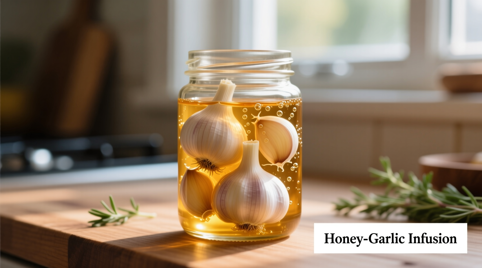 Garlic cloves steeping in raw honey in glass jar