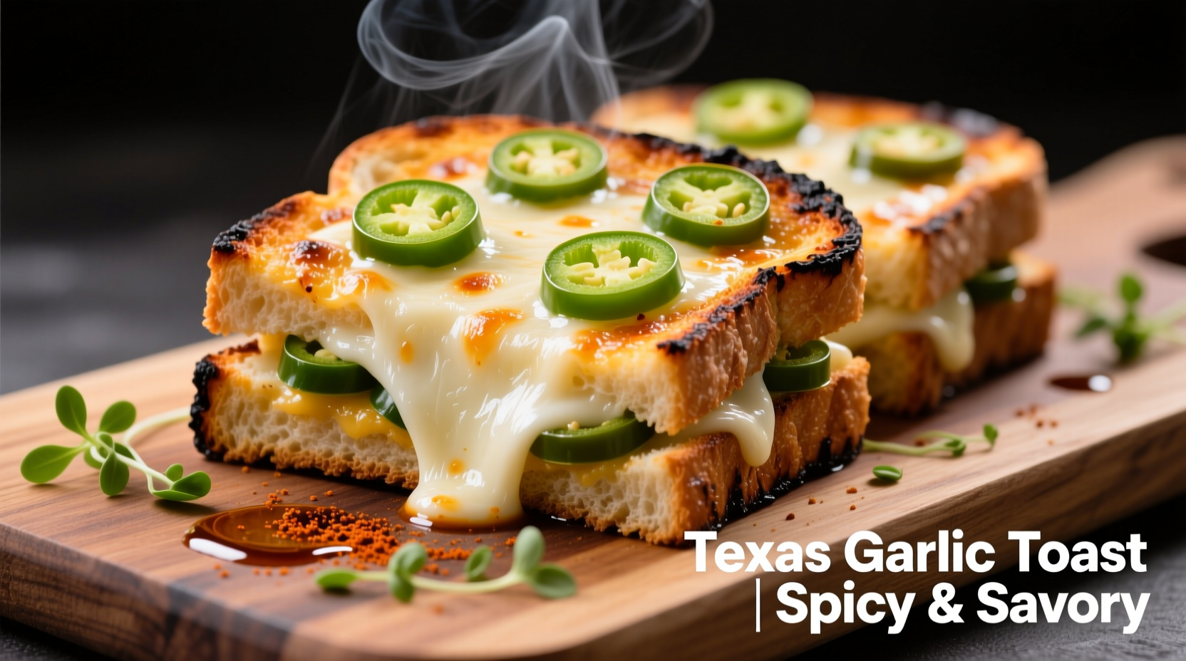 Texas garlic toast with melted cheese and jalapeño slices