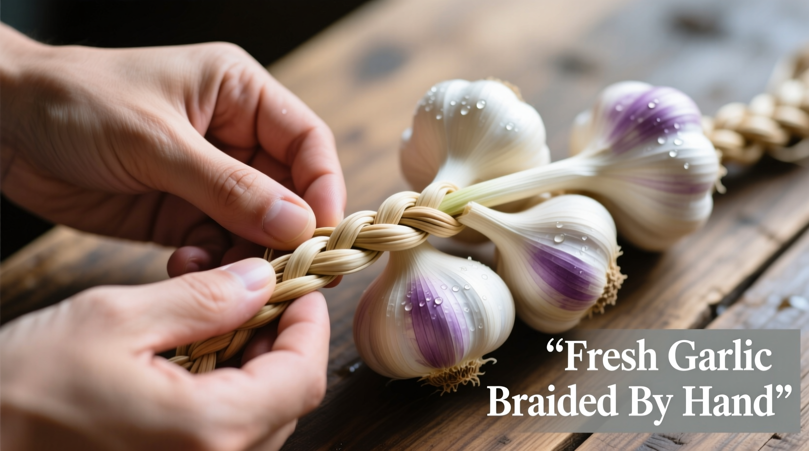 Hands braiding fresh garlic bulbs with proper technique
