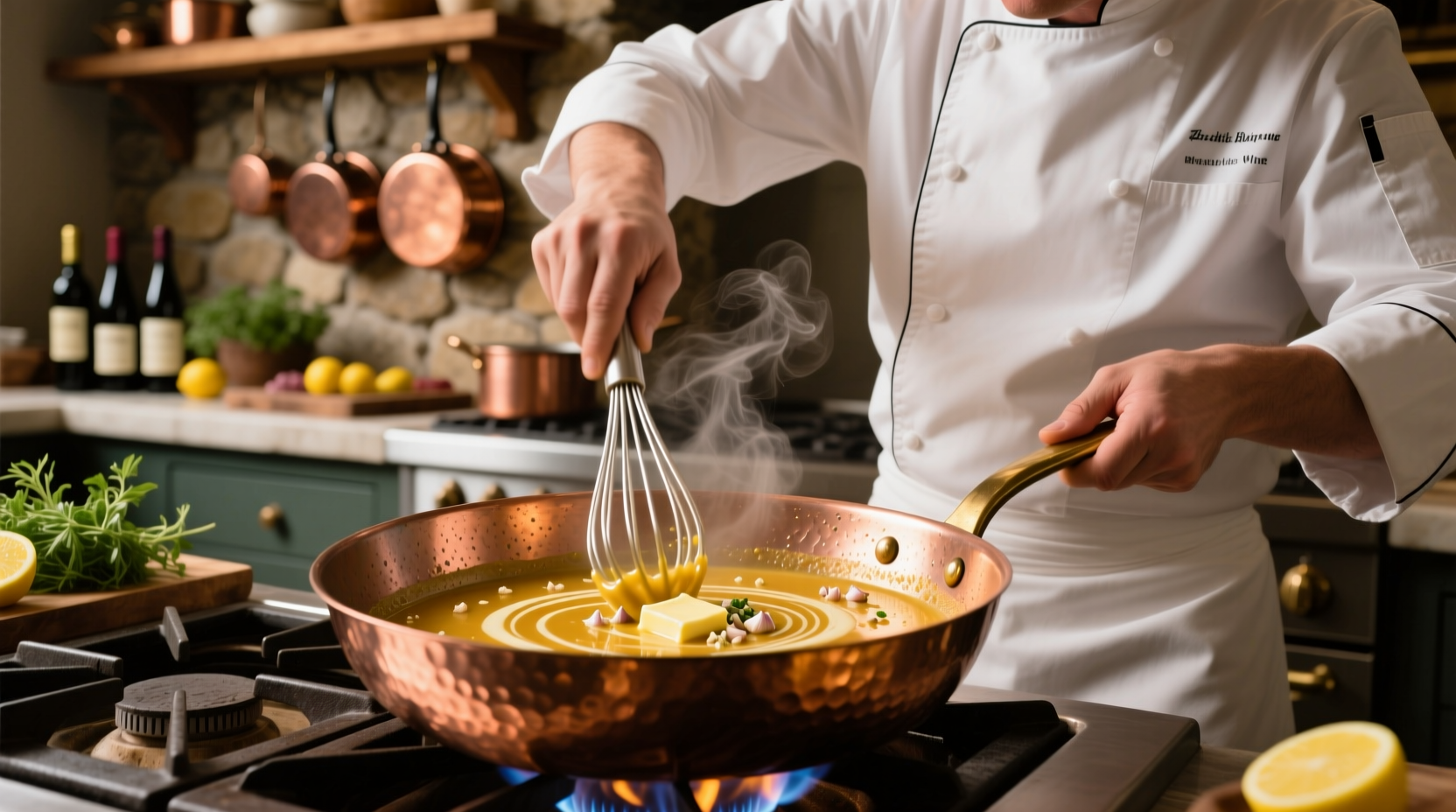 Chef whisking garlic butter wine sauce in copper pan