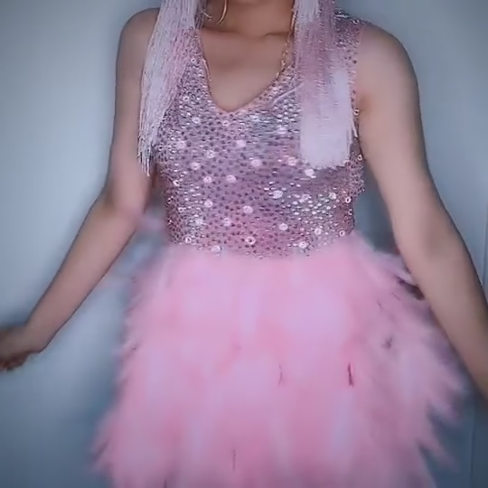 Sparkly Rhinestones Pink Feather Backless Mini Dress Women Birthday Party Show Dance Outfit Nightclub Bar Singer Dancer Costume Sparkly Rhinestones Pink Feather Backless Mini Dress Women Birthday Party Show Dance Outfit Nightclub Bar Singer Dancer Costume